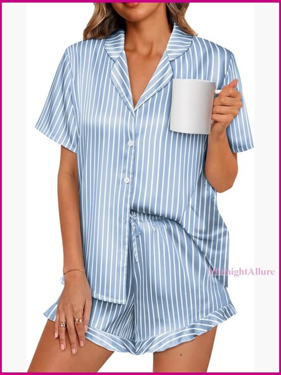 Other - Silk Satin Pajama Set, Short Sleeve Top & Shorts, Lounge Sleepwear